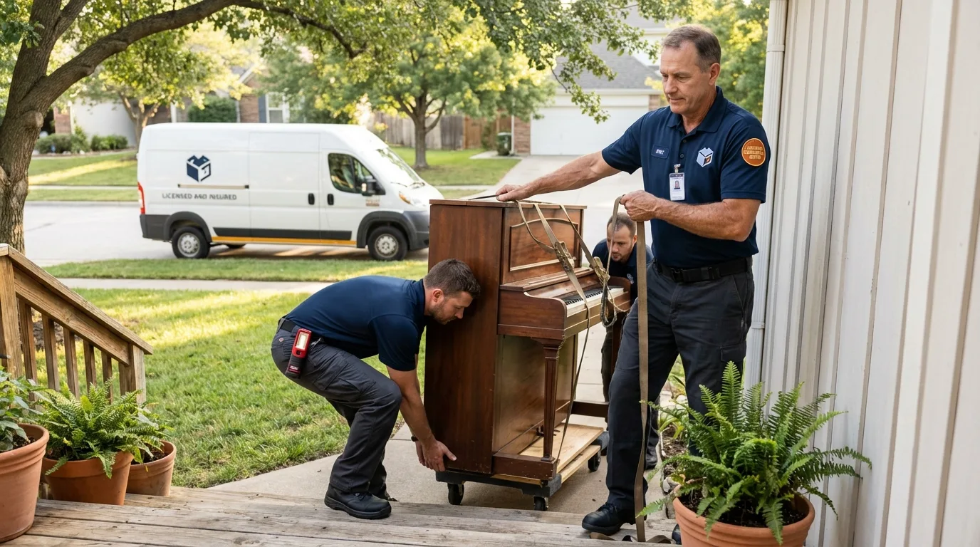 Licensed piano movers securing grand piano in Lamar, MO