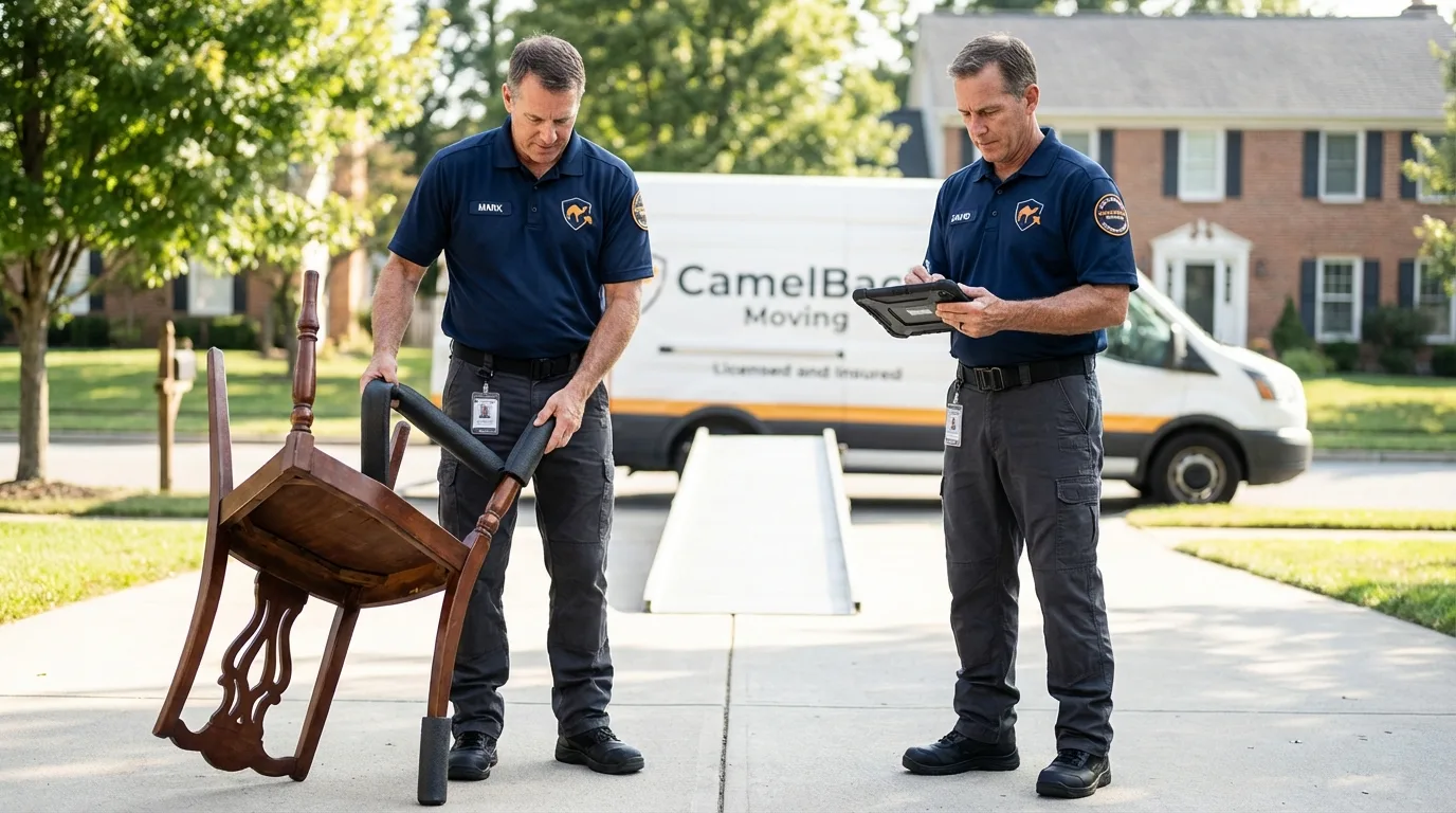 Movers inspecting furniture for damage prevention before loading in Lamar, MO