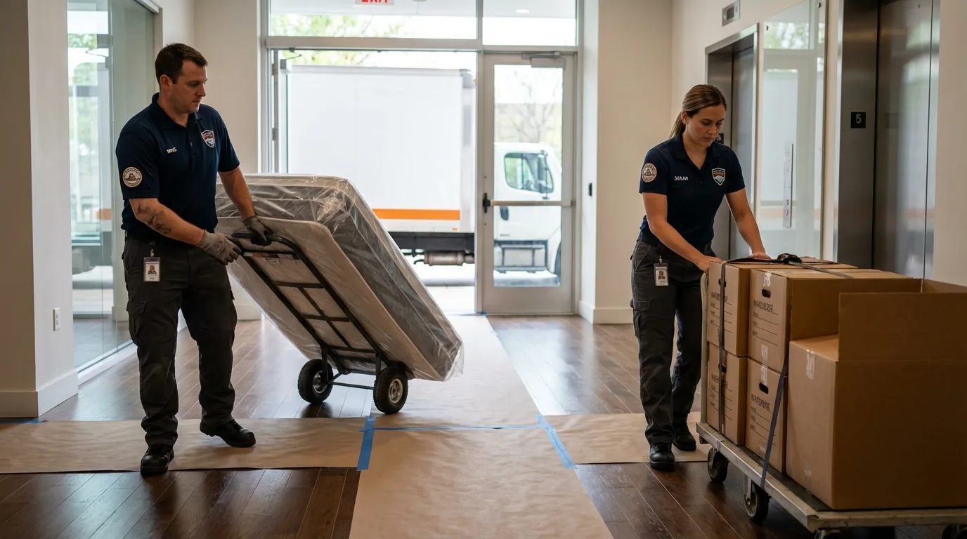 Professional apartment movers loading elevator in Lamar, MO